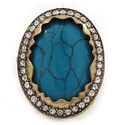 Large Oval Turquoise Stone Crystal Cocktail Ring In Antique Gold Metal - Adjustable (Size 7/9) - 4.5cm Length - main view