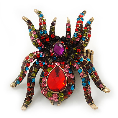 Oversized Multicoloured Swarovski Crystal Spider Stretch Cocktail Ring In Antique Gold Plating