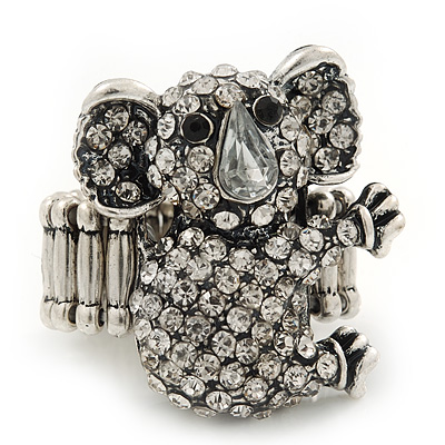 Swarovski Encrusted Koala Cocktail Stretch Ring In Burn Silver Finish (Clear Crystals) - Adjustable size7/8 - main view