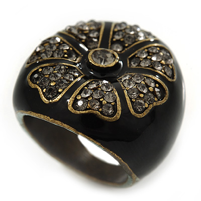 Dark Grey Crystal Floral Black Enamel Shield Ring In Bronze Tone - main view