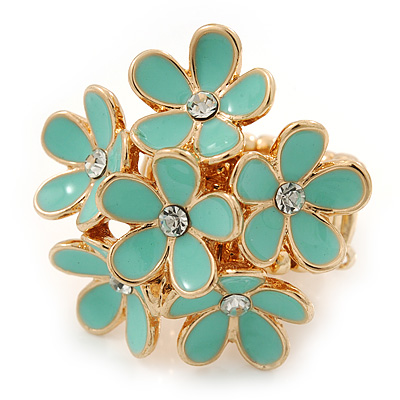 Gold Plated 'Damsel Daisies' Crystal Set Enamelled Stretch Ring (Pastel Green) -  Adjustable size 7/8 - main view