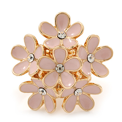 Gold Plated 'Damsel Daisies' Crystal Set Enamelled Stretch Ring (Pastel Pink) -  Adjustable size 7/8 - main view