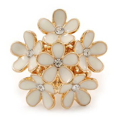 Gold Plated 'Damsel Daisies' Crystal Set Enamelled Stretch Ring (Light Cream) -  Adjustable size 7/8 - main view