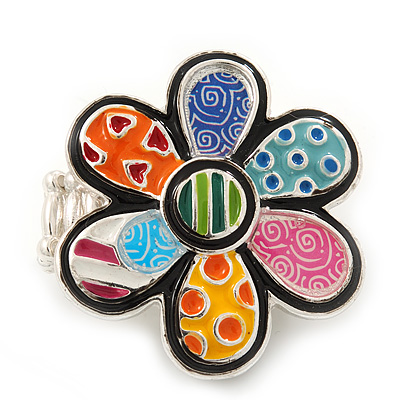Multicoloured Enamel 'Flower Power' Stretch Ring In Rhodium Plated Metal - main view
