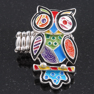 Multicoloured Enamel 'Owl' Stretch Ring In Rhodium Plating - Adjustable (Size 7/9) - 4.5cm Length - main view