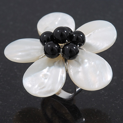 Mother of Pearl/ Black Bead 'Flower' Shell Ring In Silver Plating - Adjustable (Size 8/9) - 4.5cm Diameter - main view