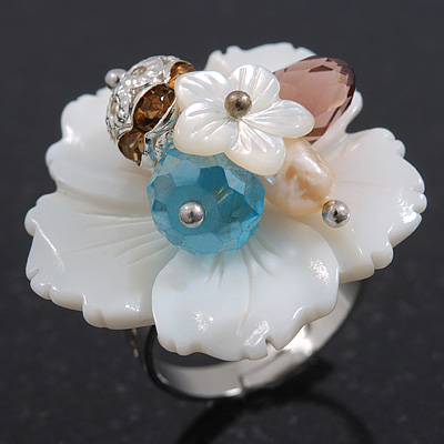 White Mother of Pearls/Multicoloured Crystal 'Flower' Ring In Silver Plating - Adjustable (Size 7/9) - 3cm Diameter - main view