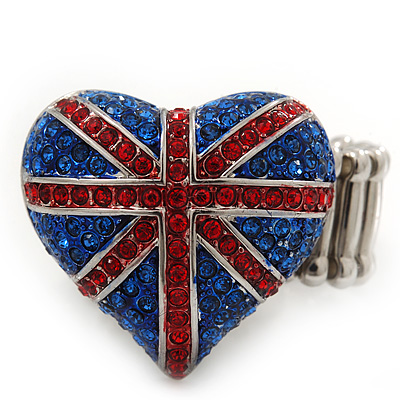 Patriotic Swarovski Crystal Union Jack 'Heart' Stretch Ring In Rhodium Plating - Adjustable - main view