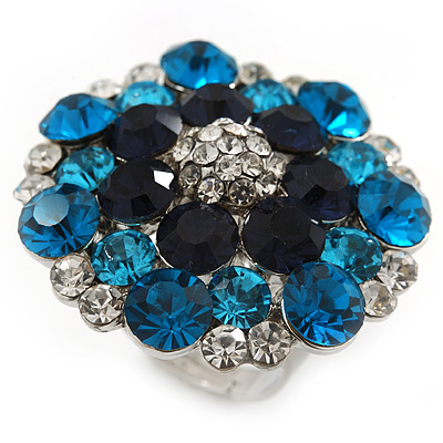 Silver Tone Dark Blue/ Clear/ Turquoise Coloured Diamante Cocktail Ring (Adjustable Size 7/8) - 3cm Diameter - main view