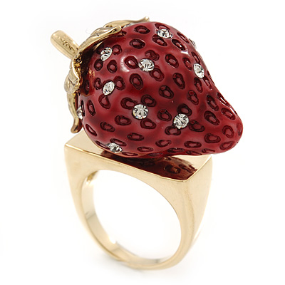 'Berry Irresistible' Crystal and Resin Strawberry Ring In Gold Plating - Size 8 - main view
