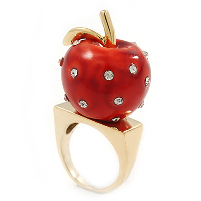 'Berry Irresistible' Crystal and Resin Apple Ring In Gold Plating - Size 8 - main view