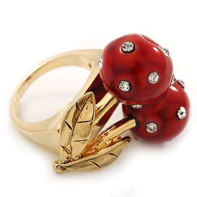 'Berry Irresistible' Crystal and Resin Cherry Ring In Gold Plating - Size 8