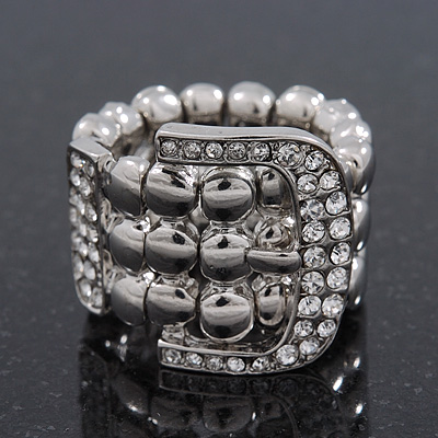 Wide Silver Plated Swarovski Crystal 'Belt' Flex Ring - Adjustable - main view