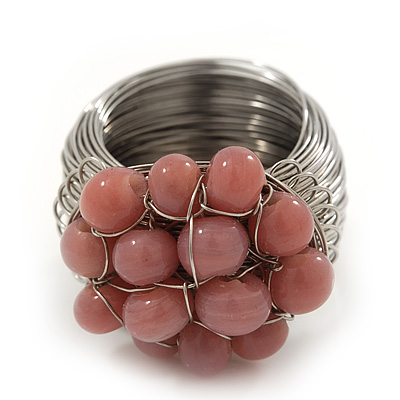 Wide Rhodium Plated Wire Ligth Pink Glass Bead Band Ring - main view