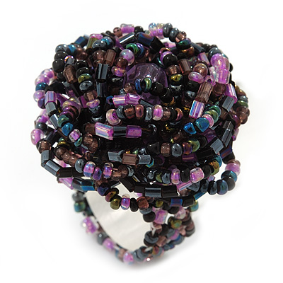 Large Purple/Pink/Black Glass Bead Flower Stretch Ring - Adjustable - main view