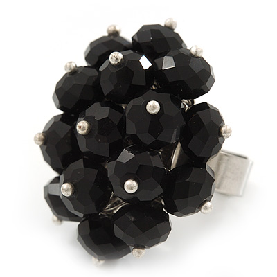 Black Glass Cluster Ring In Silver Plating - Adjustable (Size 8/9) - main view