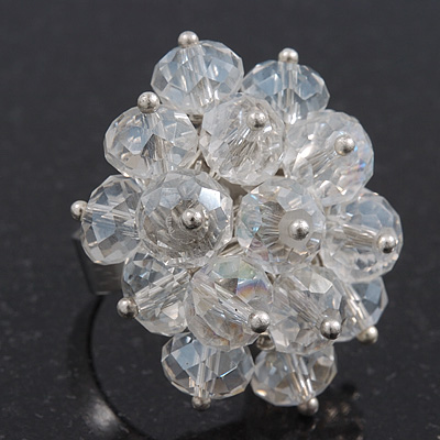 Transparent White Cluster Ring In Silver Plating - Adjustable (Size 8/9) - main view