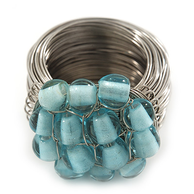Wide Rhodium Plated Wire Light Blue Glass Bead Band Ring - main view