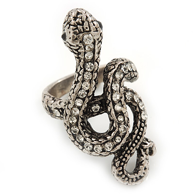 Vintage Diamante Snake Ring In Burn Silver - main view