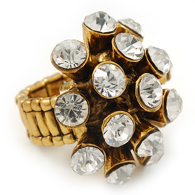 Dome Shaped Crystal Cluster Ring in Gold Tone/Adjustable size 7/8 - main view