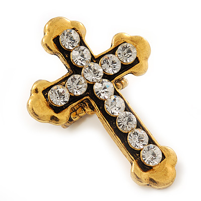 'Fleur de Lis' Crystal Set Statement Cross Stretch Ring In Vintage Gold Finish - 6cm Length - Adjustable size 7/8 - main view