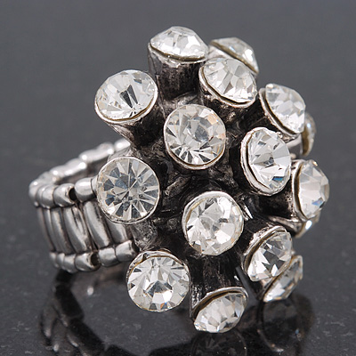 Dome Shaped Crystal Cluster Ring in Silver Tone/Adjustable size 7/8 - main view