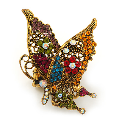 'La Mariposa' Swarovski Encrusted Butterfly Cocktail Stretch Ring In Burn Gold Finish (Multicoloured) - Adjustable size 7/8 - main view