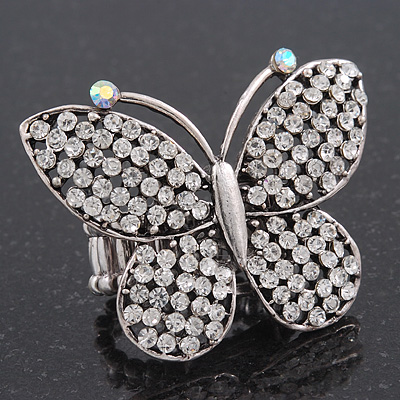 'Flutter-By' Swarovski Encrusted Butterfly Cocktail Stretch Ring - Rhodium Plated (Clear Crystals) - Adjustable size 7/8 - main view
