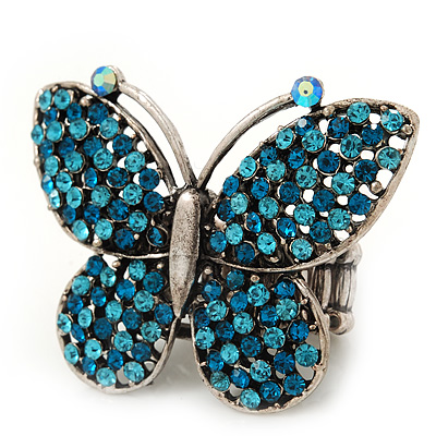 'Flutter-By' Swarovski Encrusted Butterfly Cocktail Stretch Ring - Rhodium Plated (Blue Crystals) - Adjustable size 7/8 - main view