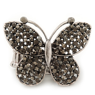 'Flutter-By' Swarovski Encrusted Butterfly Cocktail Stretch Ring - Rhodium Plated (Grey Crystals) - Adjustable size 7/8 - main view