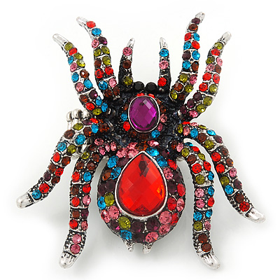 Oversized Multicoloured Crystal Spider Stretch Cocktail Ring In Sivler Plating - 6cm Length - main view