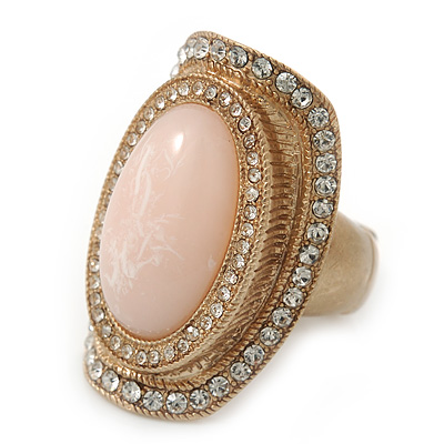 Pale Pink 'Marble Effect' Resin, Diamante Oval Flex Ring In Brushed Gold Finish - 37mm Across - Size 7/8 - main view