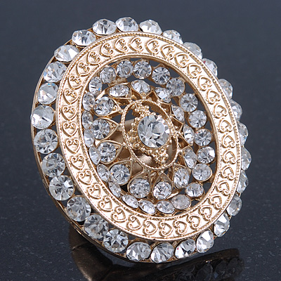 Statement Clear Austrian Crystal Oval Flex Ring In Gold Tone - 55mm Across - Size7/8 - main view