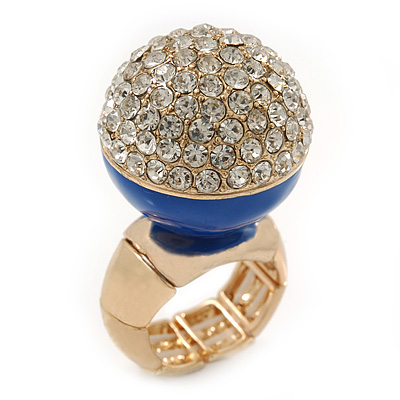 Statement Pave-Set Crystal, Blue Enamel 'Ball' Flex Ring In Gold Plating - 25mm Across - Size 7/8 - main view