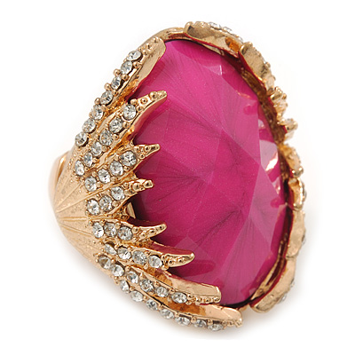 Oval Bright Pink Faceted Resin Stone, Diamante Cocktail Flex Ring In Gold Plating - 35mm Across - Size 7/8 - main view