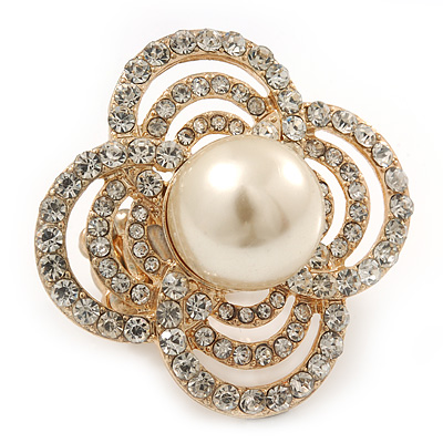 Large Prom, Four Petal Crystal, Simulated Pearl 'Flower' Stretch Ring In Gold Plating - 40mm Across - Size 6/7