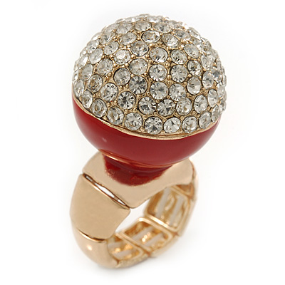 Statement Pave-Set Crystal, Red Enamel 'Ball' Flex Ring In Gold Plating - 25mm Across - Size 7/8 - main view