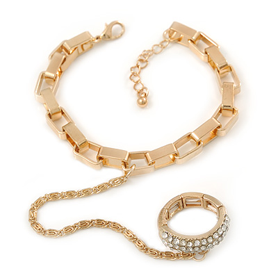 Gold Plated Chunky Chain Bracelet With Clear Swarovski Crystal Flex Band Ring Attached - 17cm Length/ 3cm Extension, Size 7/8 - main view