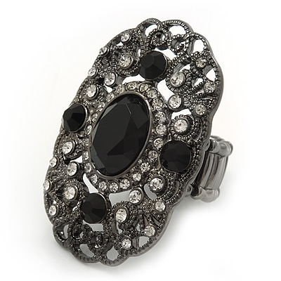 Large Victorian Filigree Black Glass Crystal Oval Ring In Gun Metal Finish - Flex - 45mm Across - Size 7/8 - main view