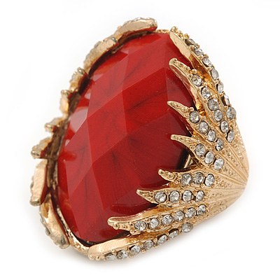 Oval Red Faceted Resin Stone, Diamante Cocktail Flex Ring In Gold Plating - 35mm Across - Size 7/8 - main view