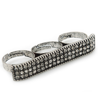 Vintage Pave-Set 'Plate' Three Finger Ring In Burn Silver Metal - Adjustable - 60mm Width - main view