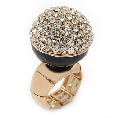 Statement Pave-Set Crystal, Black Enamel 'Ball' Flex Ring In Gold Plating - 25mm Across - Size 7/8 - main view