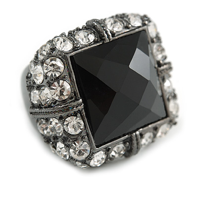 Faceted Black Glass Square Stone and Diamante Gun Metal Stretch Ring - 25mm Length - Expandable Size 7/8 - main view