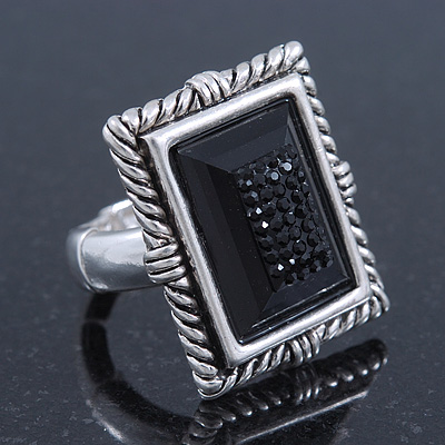 Vintage Inspired Square, Black Acrylic Bead Flex Ring In Silver Tone - 25mm Across - Size 7/8 - main view