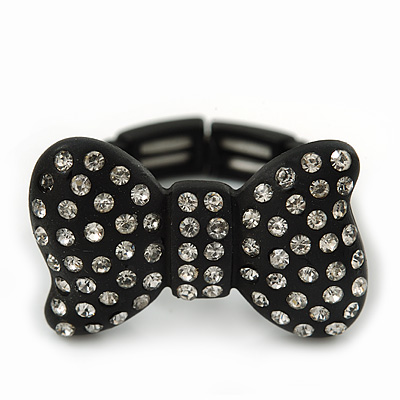 Matte Black 'Bow' Ring with Clear Crystals - 25mm Wide - Size 7/8 Expandable - main view