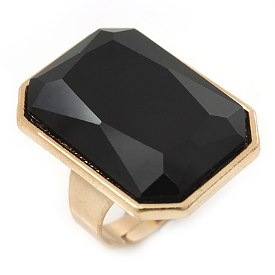 Faceted Rectangular Black Glass Ring In Gold Plating - 27mm Across - Adjustable - Size 7/8 - main view