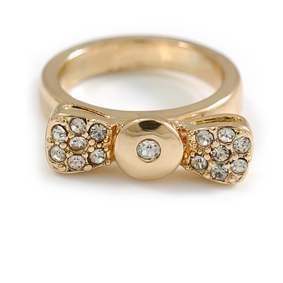 Gold Plated 'Cutie' Bow Ring with Clear Crystals - 2cm Length - Size 7