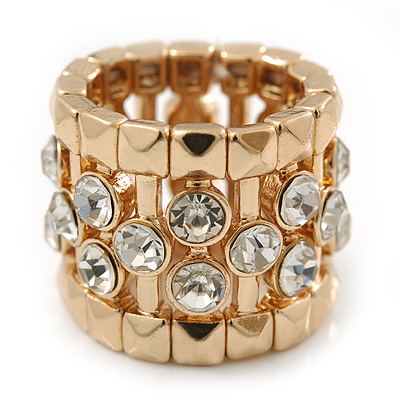Wide Clear Swarovski Crystal Flex Band Ring In Gold Tone Metal Finish - 20mm Width - Size 7/8 - main view