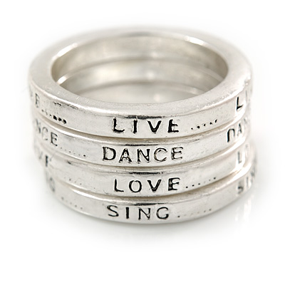 Set of 4 Message 'Live, Dance, Love, Sing' Stack Rings In Silver Tone - Size 7