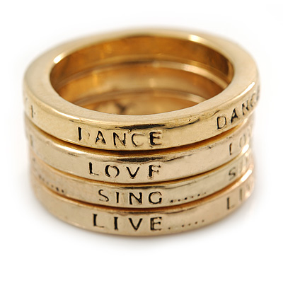 Set of 4 Message 'Live, Dance, Love, Sing' Stack Rings In Gold Tone - Size 7